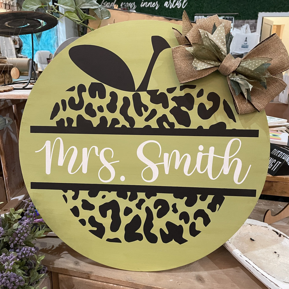 Teacher round apple leopard print