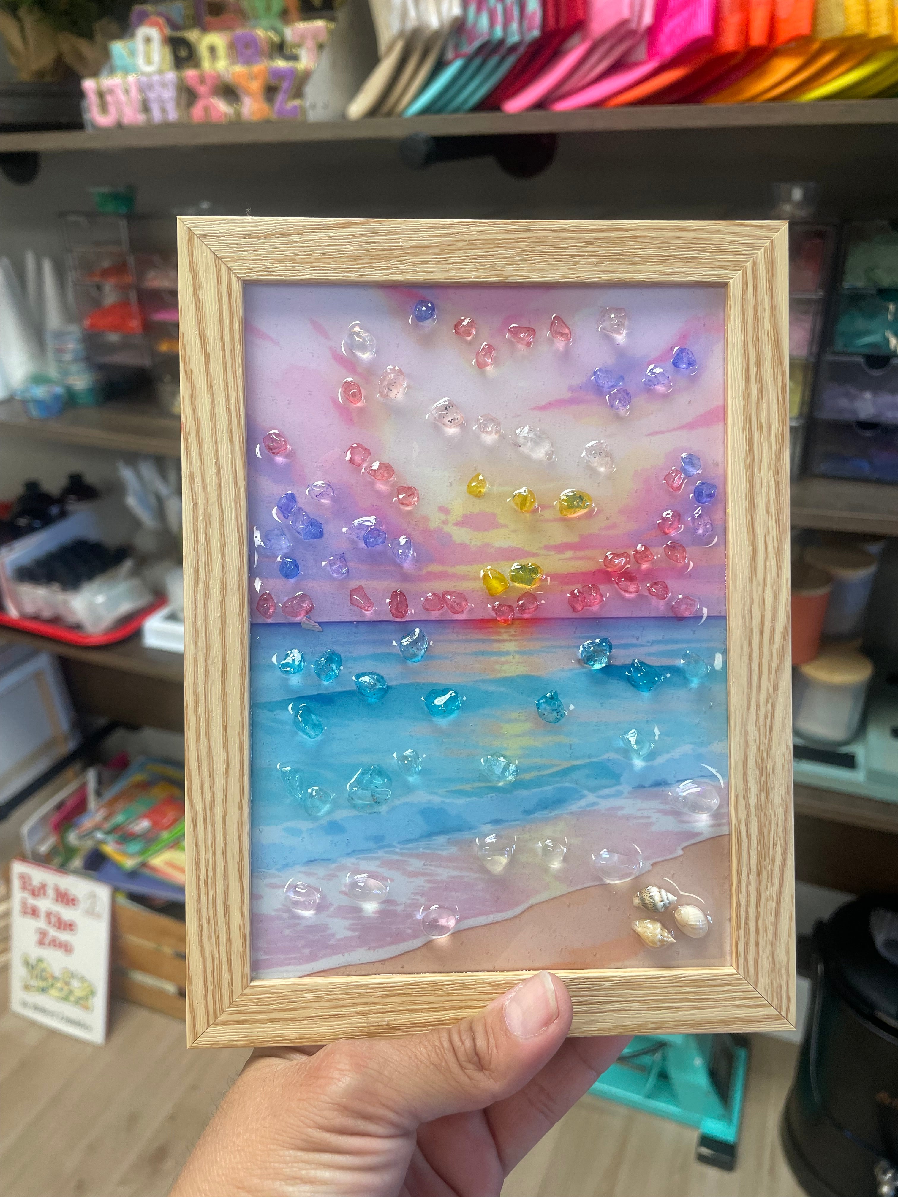 Pink sky and beach Embellished Resin Art Frames