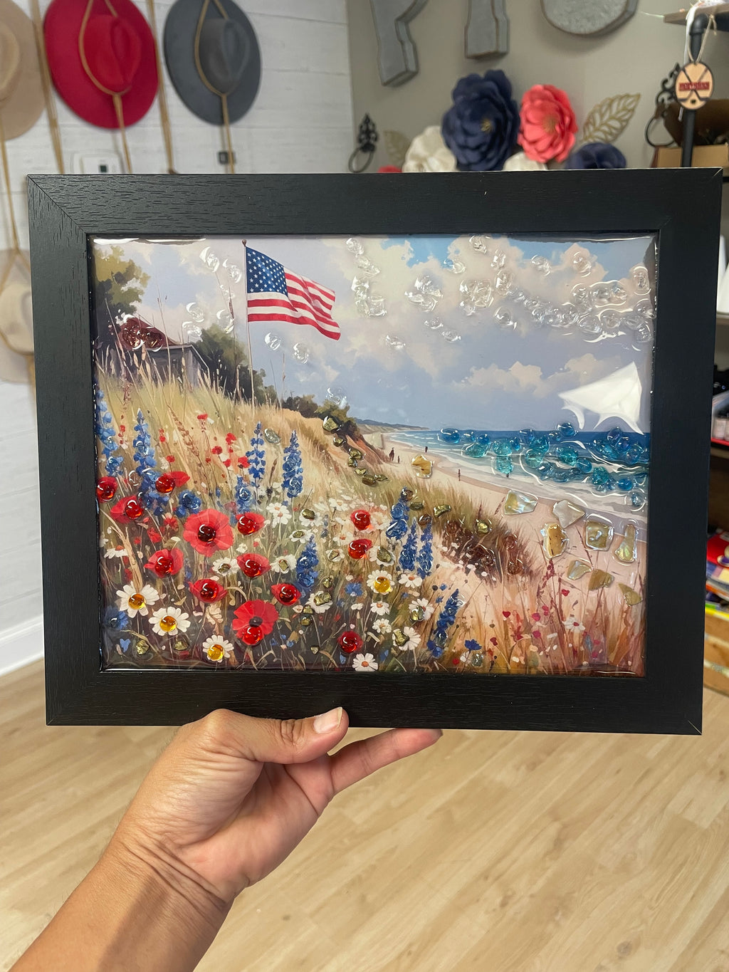 USA Flag with flower field Embellished Resin Art Frame