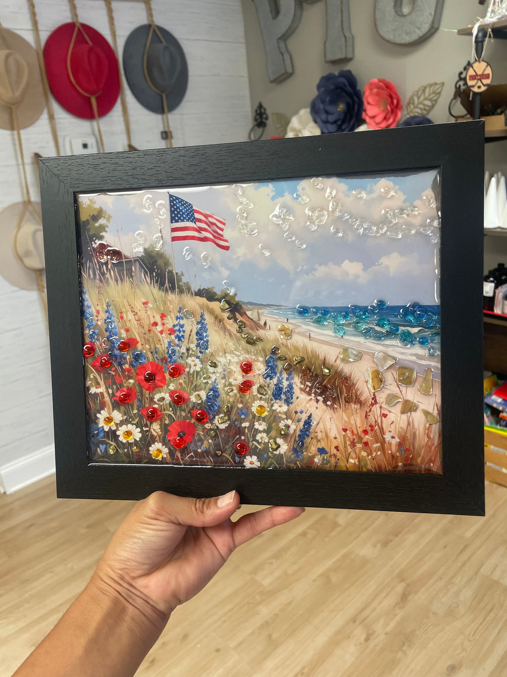 USA Flag with flower field Embellished Resin Art Frame