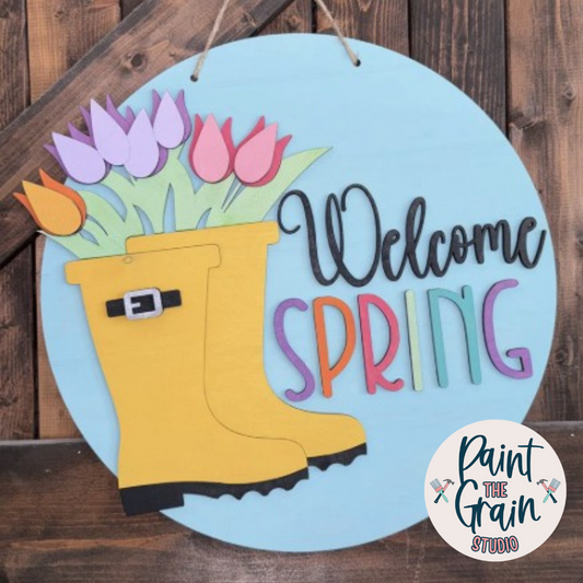 Welcome Spring- Rainboots and Flowers