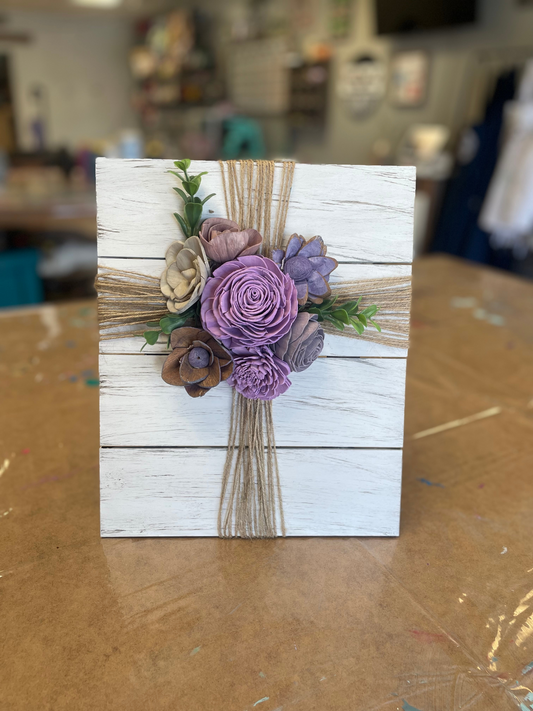 Wood Flower Cross on pallet sign