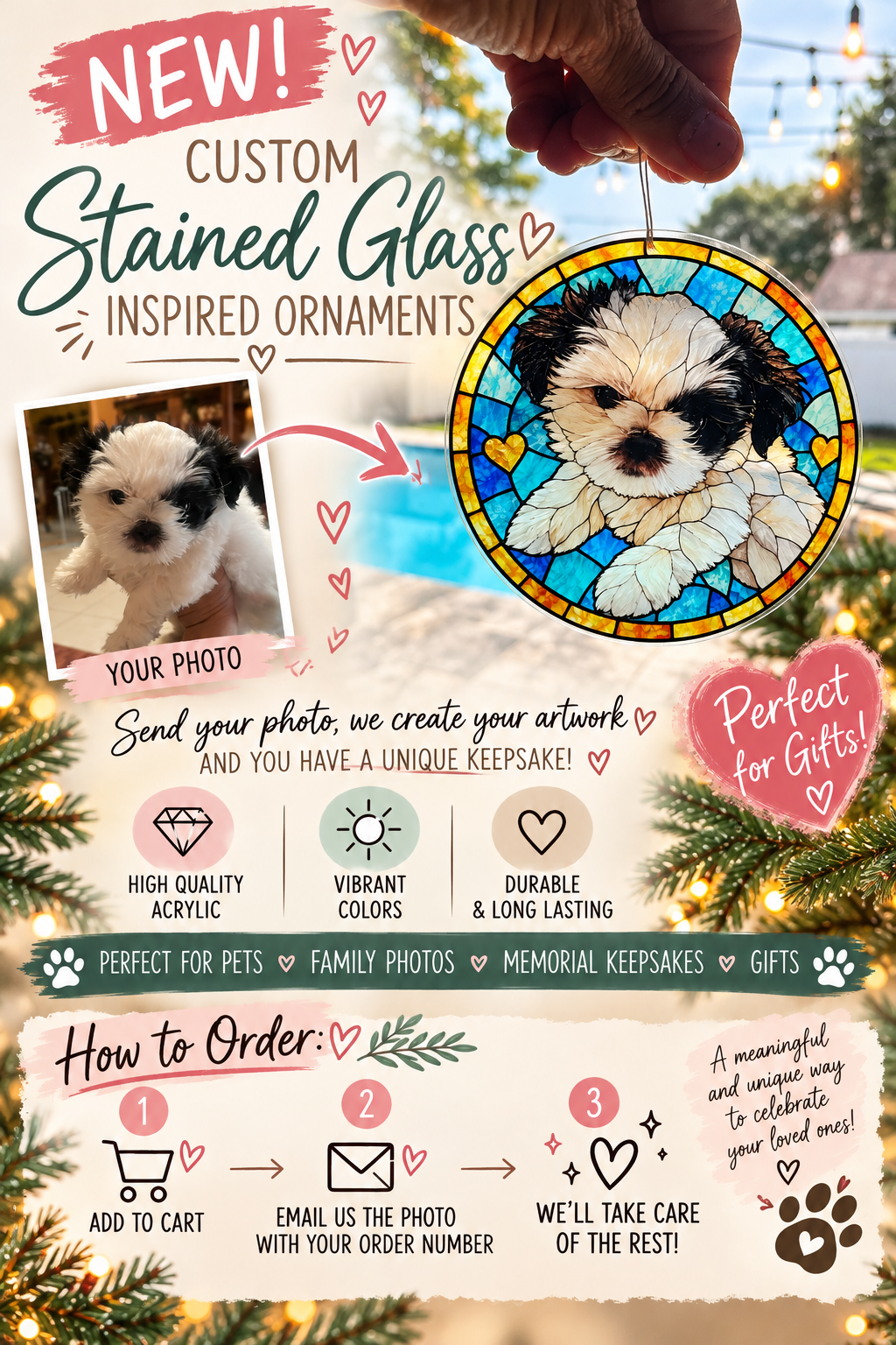 ￼ Custom Stained Glass Pet Ornament | Personalized Pet Photo Keepsake- ON SALE