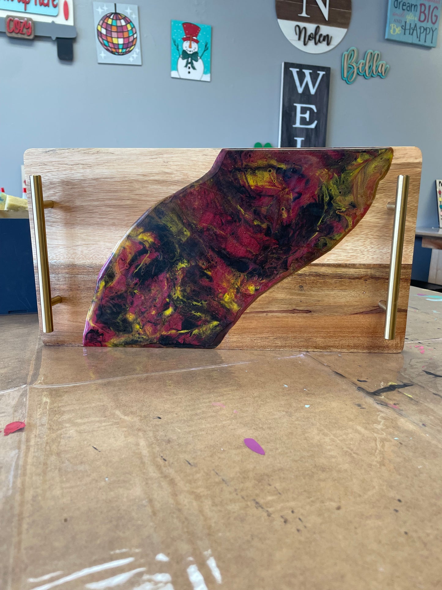 Epoxy/Resin Pour Rectangle Tray with gold handles