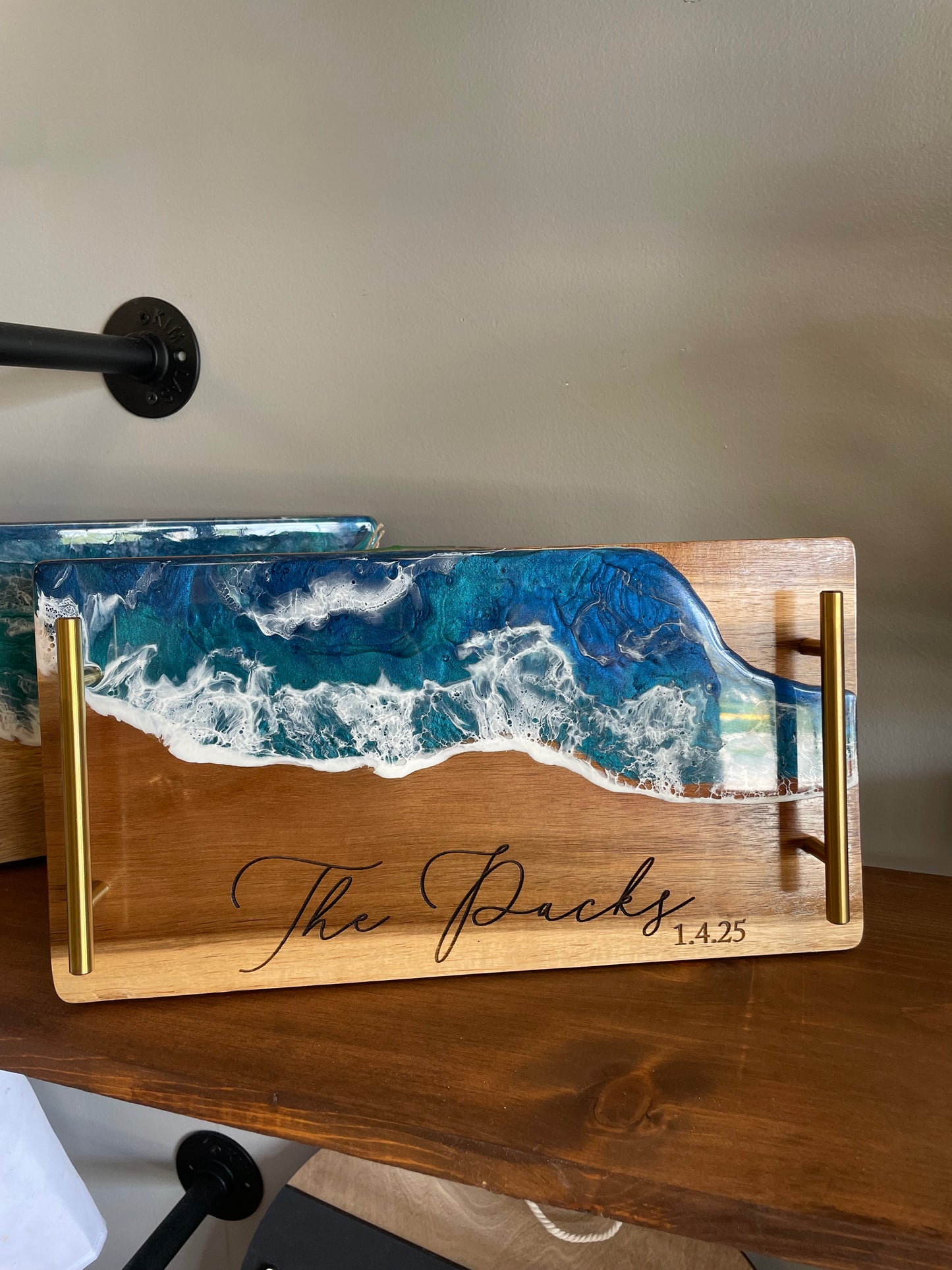 Epoxy/Resin Pour Rectangle Tray with gold handles